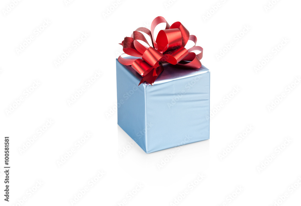 Obraz premium Blue gift box with red ribbon