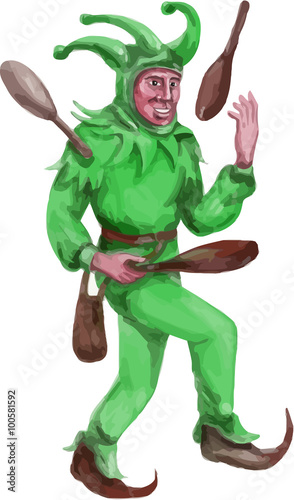 Medieval Juggler Juggling Sticks Watercolor