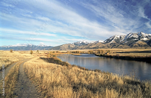 Gallatin River and mountains in Montana, US.