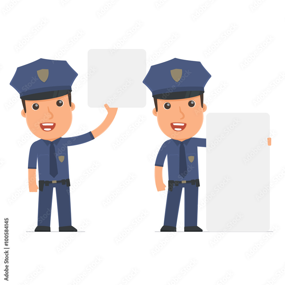 Funny Character Officer holds and interacts with blank forms or Funny Character Officer holds and interacts with blank forms or