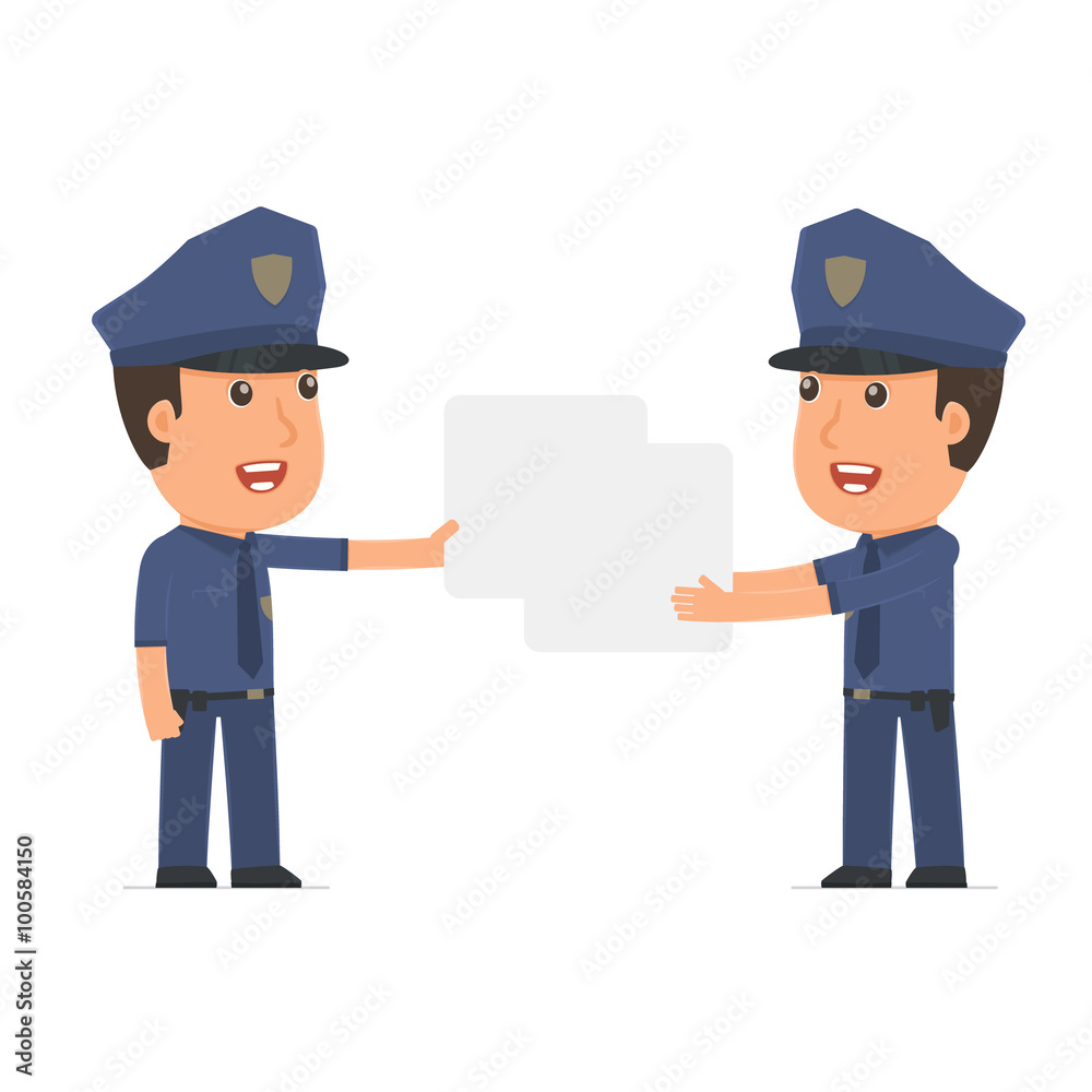 Funny Character Officer holds and interacts with blank forms or Funny Character Officer holds and interacts with blank forms or