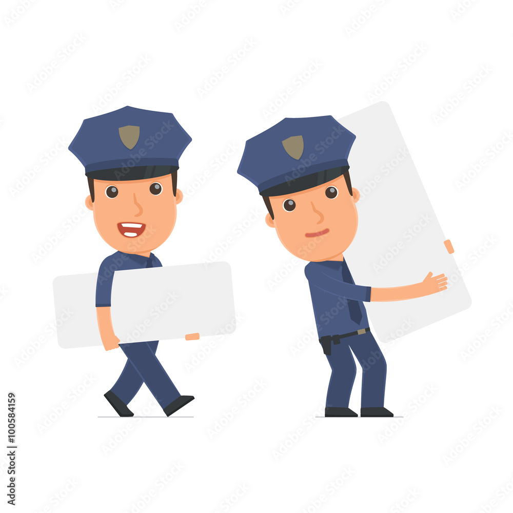 Funny Character Officer holds and interacts with blank forms or Funny Character Officer holds and interacts with blank forms or