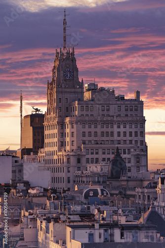 Panoramic aerial view of Madrid, Spain at sunset.