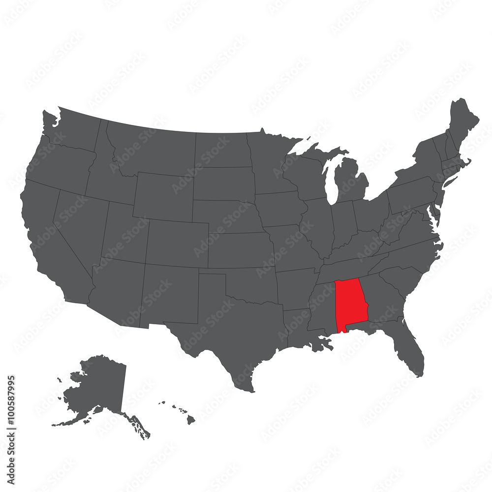 Alabama red map on gray USA map vector