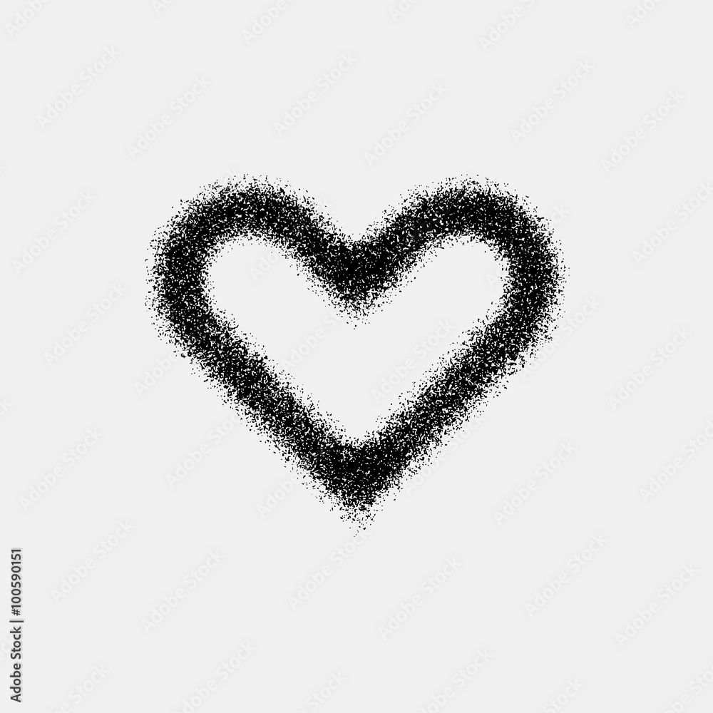 Black abstract heart sign badge, Valentines day blank button template with grain, noise, dotwork, halftone, grunge texture for logo, banners, labels, postcards, web, prints. Vector illustration.