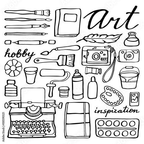 Art supplies set. Hand-drawn cartoon collection of art tools. Doodle drawing. 