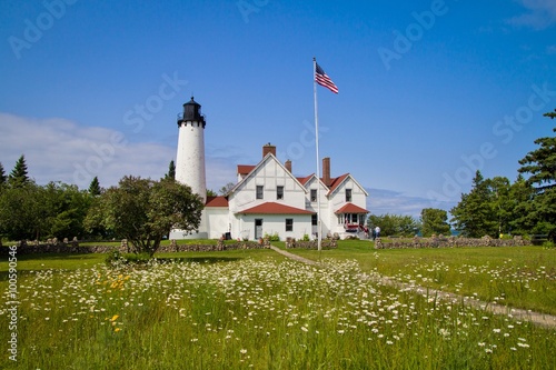 The Point Iroquois Lighthouse in the Hiawatha National Forest. The lighthouse is a historical site on the Whitefish Bay Scenic Byway in Michigan.