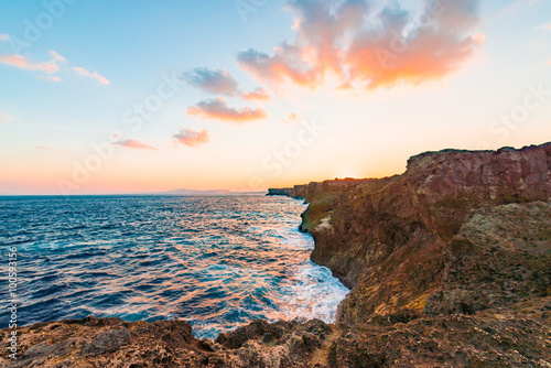 Sunrise, sea, cliffs, seascape. Okinawa, Japan.