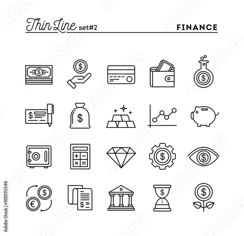 Finance, money, banking, business and more, thin line icons set