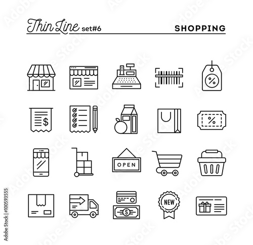 Shopping, retail, delivery, gift card, discount and more, thin line icons set