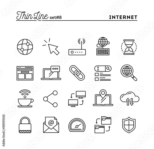 Internet, global network, cloud computing, free WiFi and more, thin line icons set