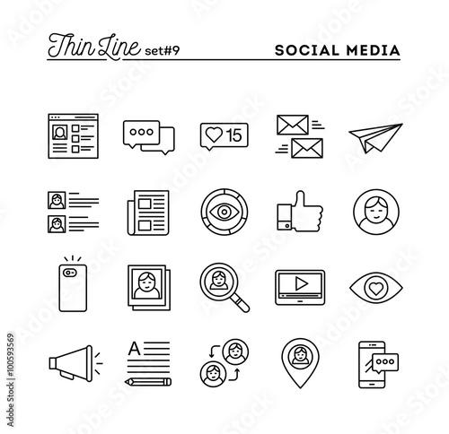 Social media, communication, personal profile, online posting and more, thin line icons set