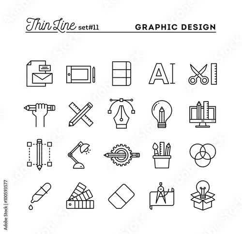 Graphic design, creative package, stationary, software and more, thin line icons set