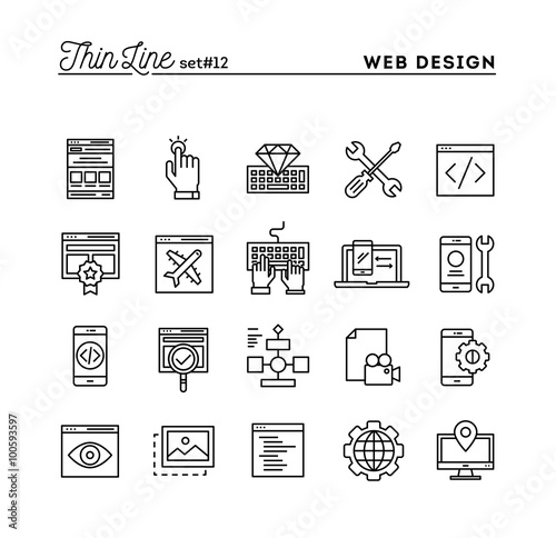 Web design, coding, responsive, app development and more, thin line icons set