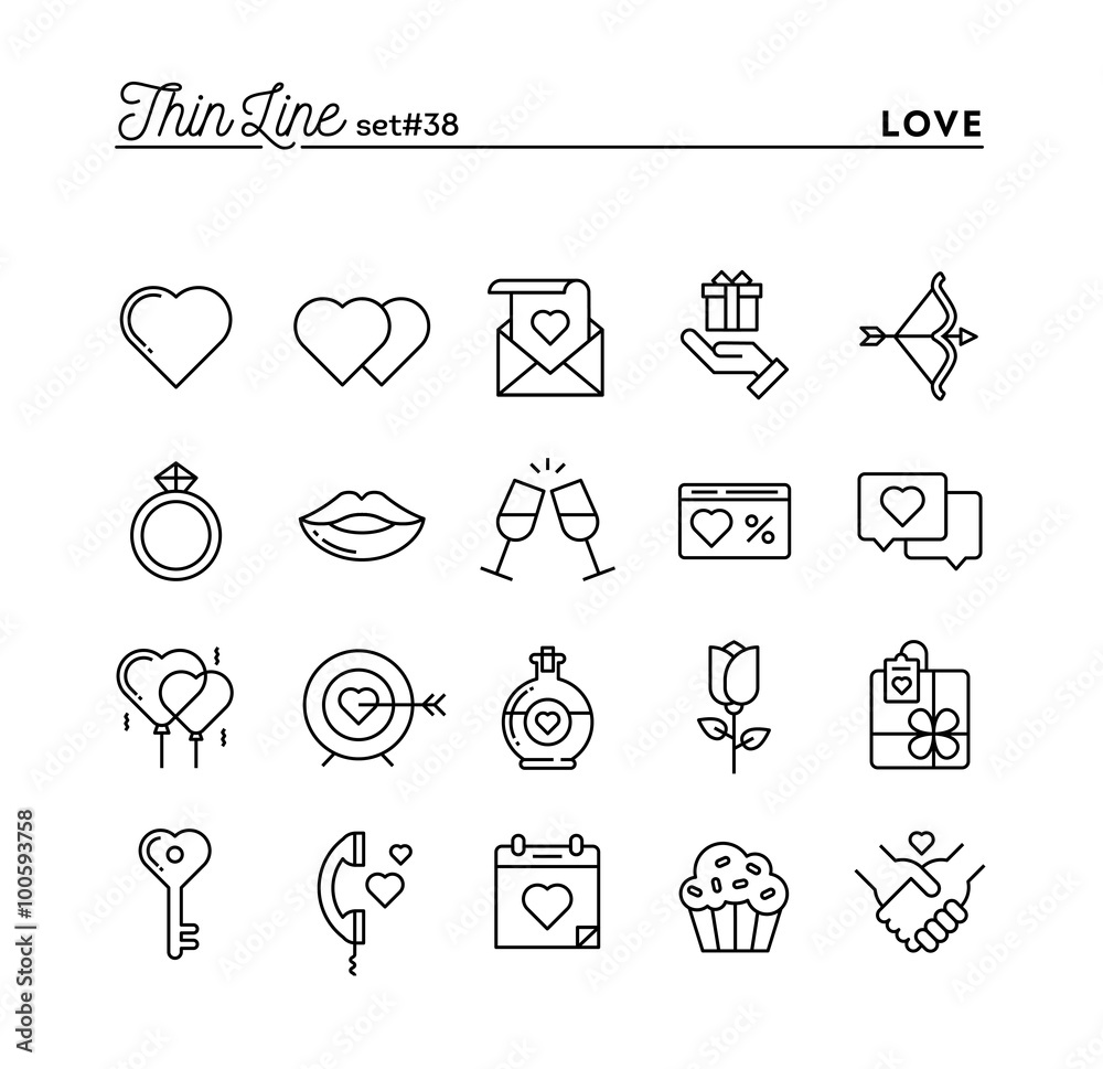 Love, Valentine's day, dating, romance and more, thin line icons set