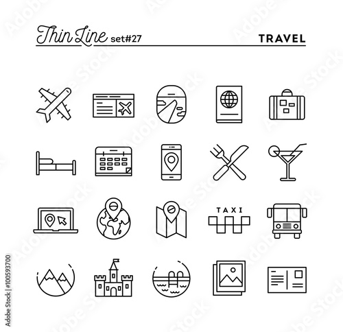 Travel, flight, accommodation, destination booking and more, thin line icons set