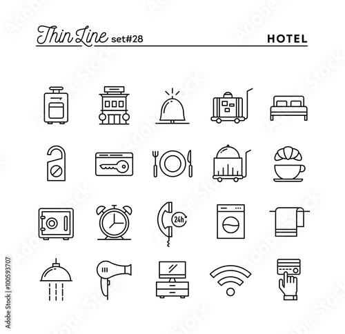 Hotel, accommodation , room service, restaurant and more, thin line icons set photo