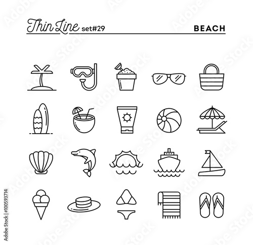 Tropical beach, summer, vacation, cruising and more, thin line icons set