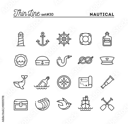 Nautical, sailing, sea animals, marine and more, thin line icons set