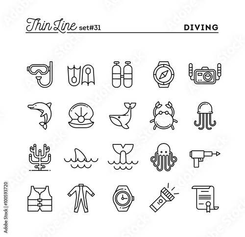Scuba diving, underwater animals, equipment, certificate and more, thin line icons set