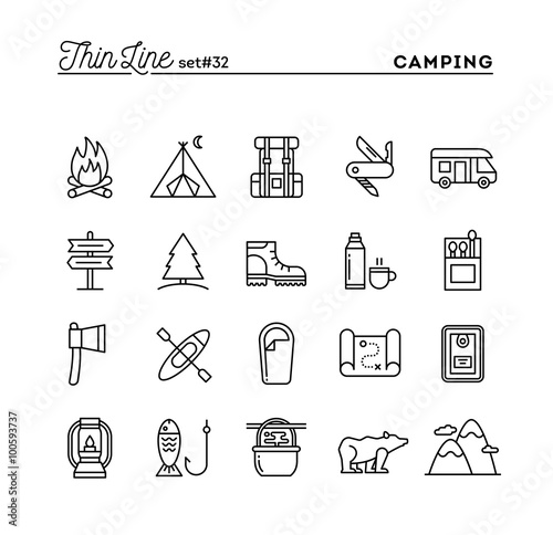 Camping, hiking, wilderness, adventure and more, thin line icons set