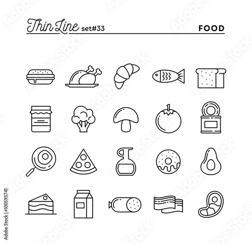 Food, meat, vegetables and more, thin line icons set