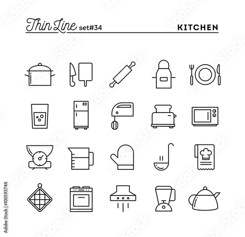 Kitchen utensils, food preparation and more, thin line icons set photo