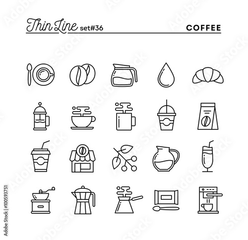 Coffee, thin line icons set