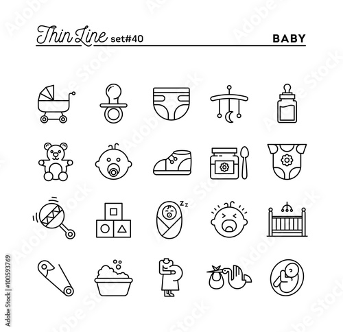 Baby, pregnancy, birth, toys and more, thin line icons set