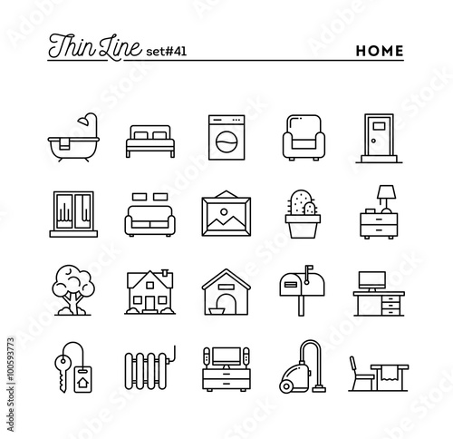 Home, interior, furniture and more, thin line icons set