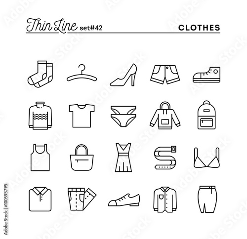 Clothing, thin line icons set