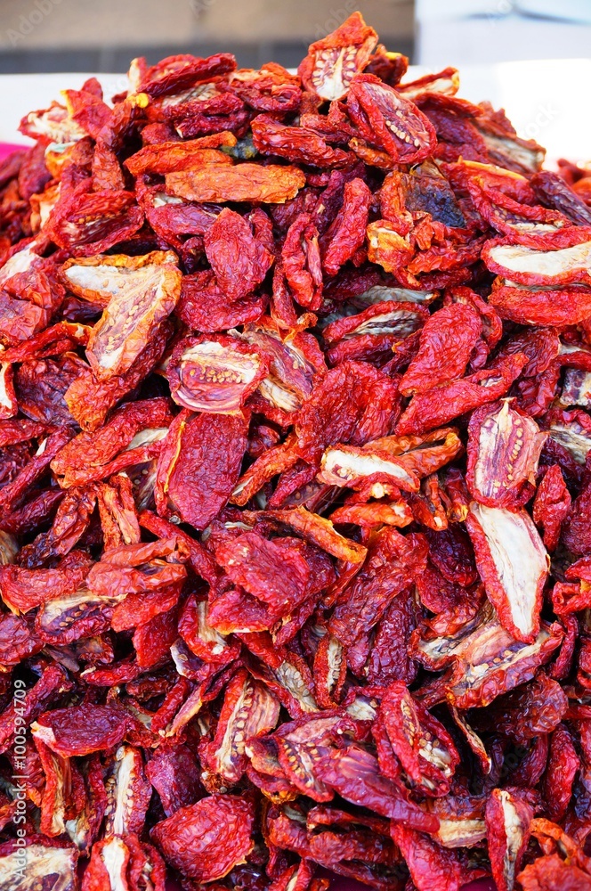 Sundried tomatoes in bulk at an Italian farmers market Sundried tomatoes in bulk at an Italian farmers market