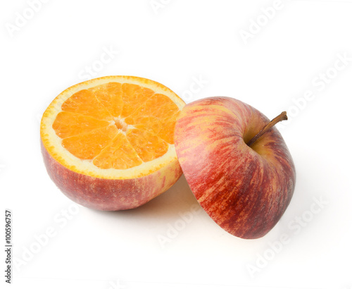 Apple orange inside GMO concept genetically modified fruit