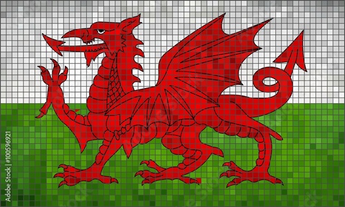 Flag of Wales - Illustration, 
Red dragon on the white and green flag, 
Baner Cymru or Y Ddraig Goch, 
Abstract Mosaic Welsh flag, 
Grunge mosaic Flag of Wales, 
Abstract grunge mosaic vector