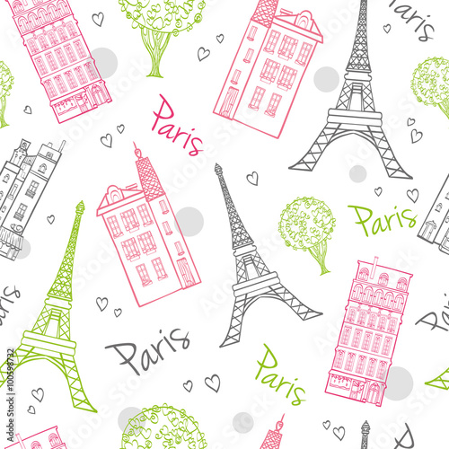 Vector Travel Romantic Paris Streets Seamless Pattern with Eifel Tower, house...