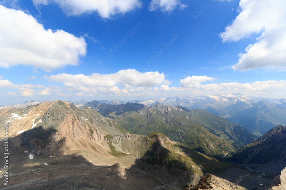 Plakat Panorama view with mountain Großglockner and glaciers in Hohe Tauern Alps, Austria