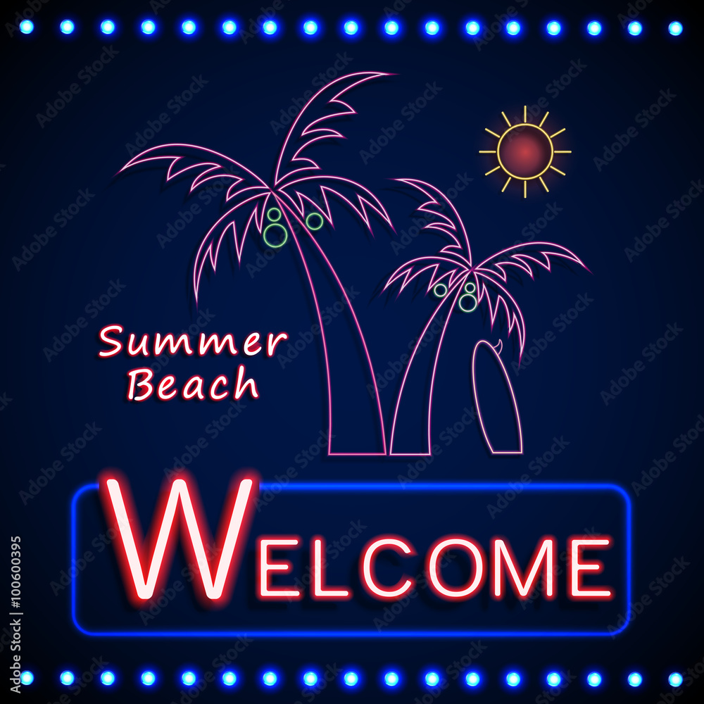 Obraz premium Neon shining beach party with palm tree and sun