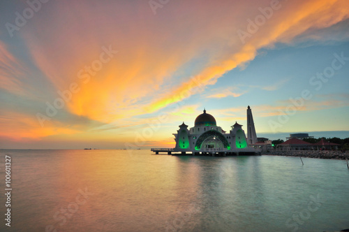 Stunning sunset/blue hour view at Malacca Straits Mosque. Image taken at Malacca, Malaysia. photo