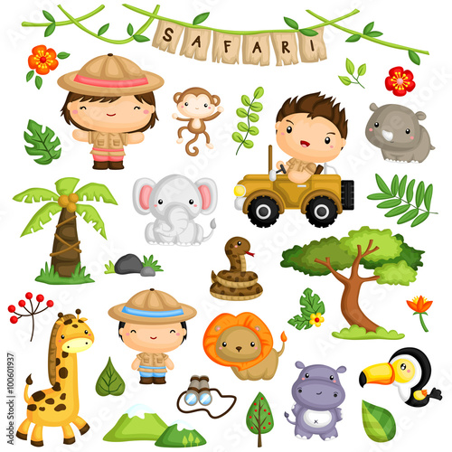 Photography Safari Kids and Animal Vector Set