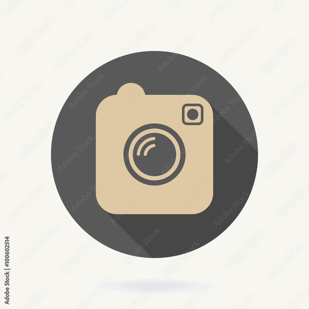 Camera flat golden icon in the silver circle with long shadow Camera flat golden icon in the silver circle with long shadow