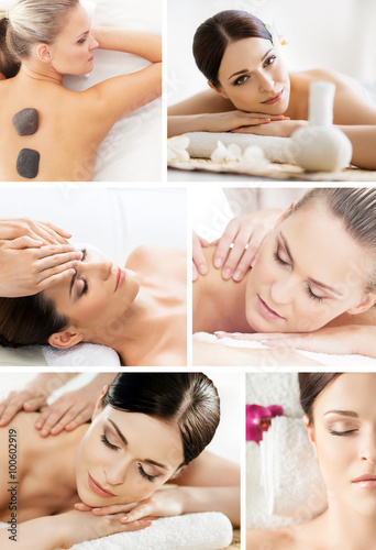 Massaging collage. Beautiful women having different types of massage over isolated background.