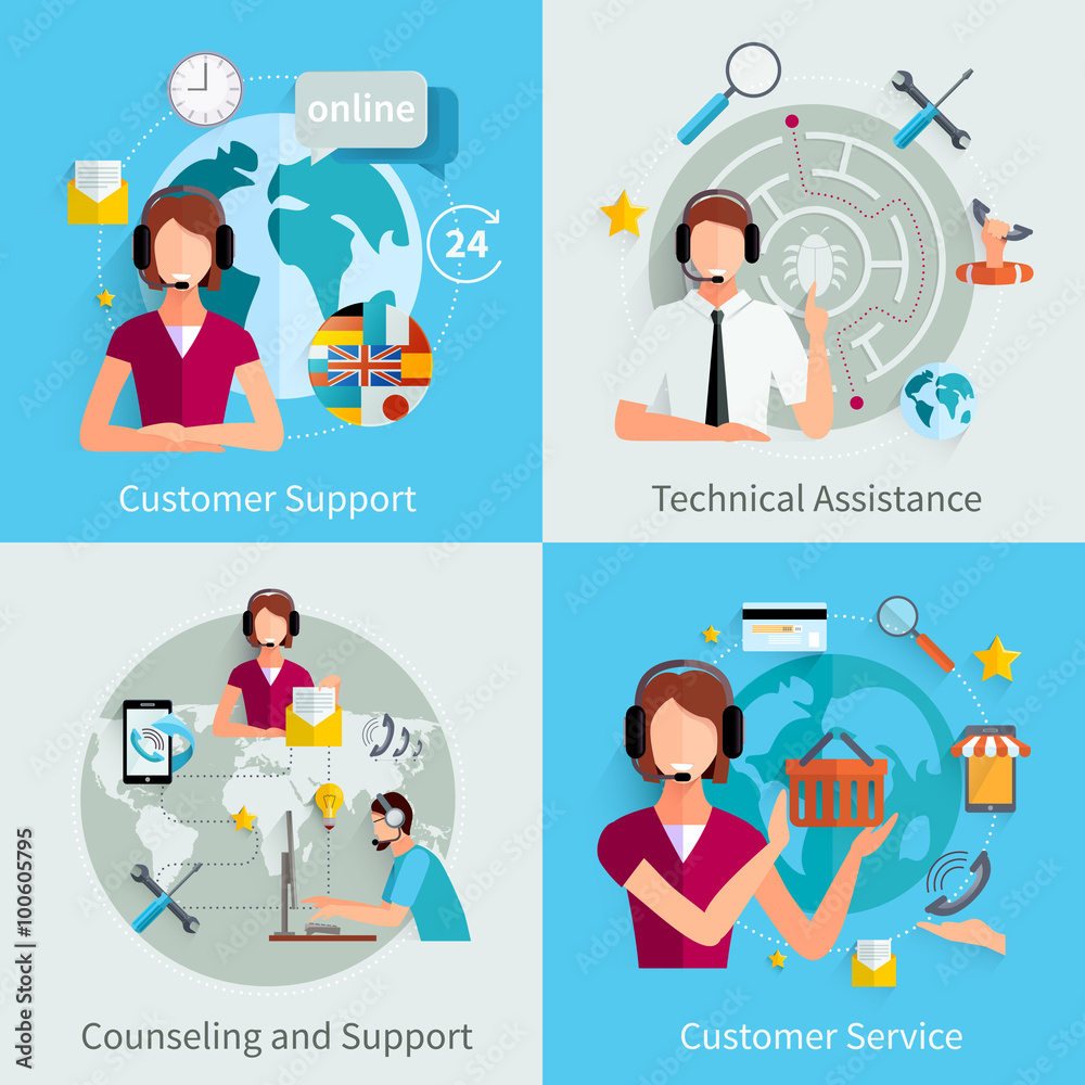 Customer Support 4 Flat Icons Square Customer Support 4 Flat Icons Square