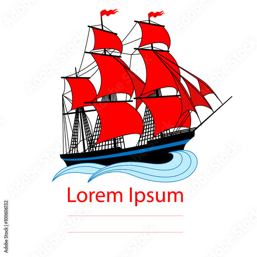 Sailing ship with red sails. Vector illustration