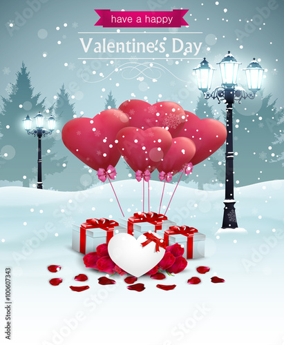 Beautiful Valentines day card width street lights heart shape balloons and presents, winter background.