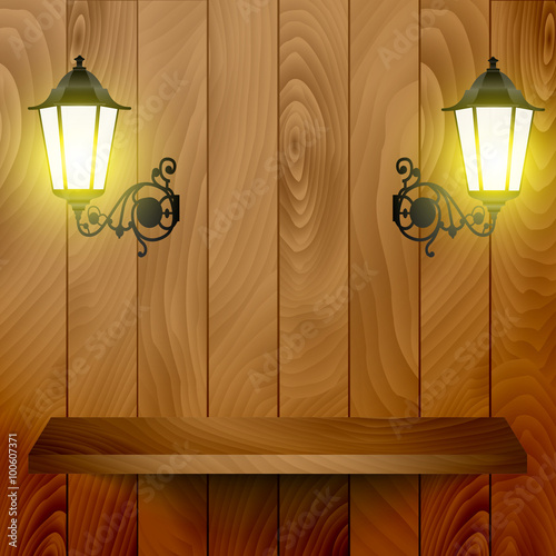 Empty wooden shelve on the wooden background with lanterns - vector illustration