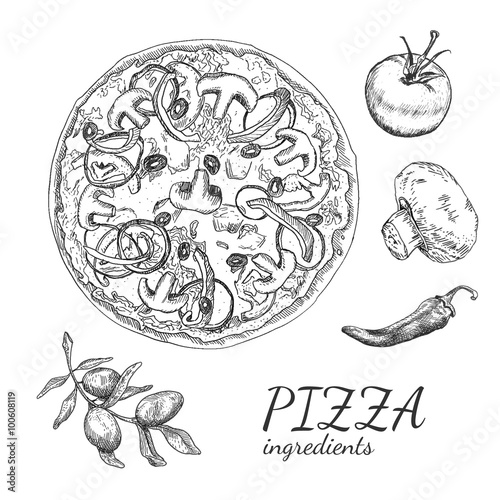 Ink hand drawn pizza ingredient set