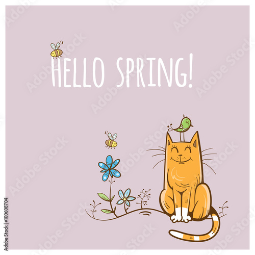 Vector spring card with cute cartoon cat,  bird and bees.
