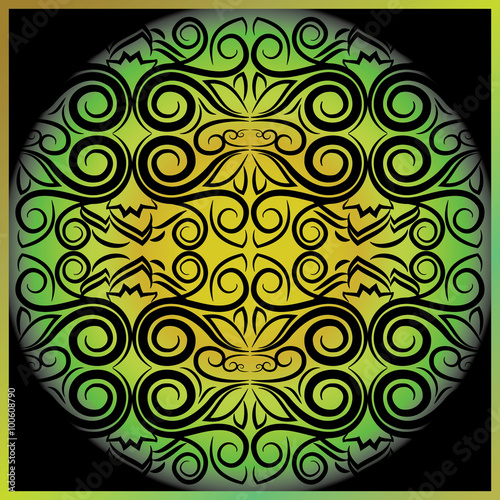 A simple floral black colored art forming a structural design and bright colorful gradient in the back.
