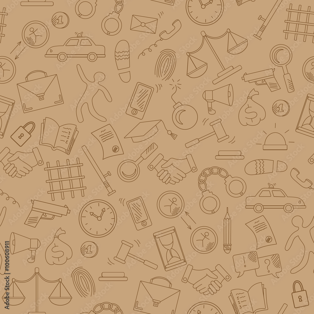 Seamless pattern with hand drawn icons on the theme of law and crimes, brown contour on a beige background Seamless pattern with hand drawn icons on the theme of law and crimes, brown contour on a beige background