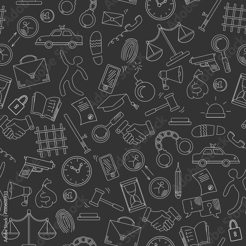 Seamless pattern with hand drawn icons on the theme of law and crimes, a bright outline on a dark background